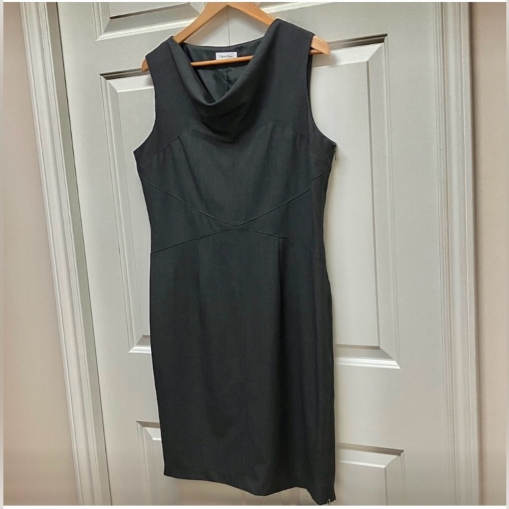 Calvin Klein sheath dress, classic fitted sleeveless, cowl neck, dark gray, M